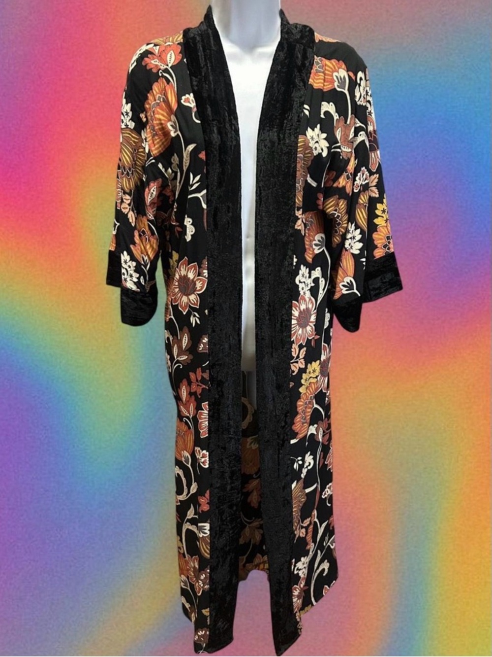 Vintage 90’s floral open duster/kimono with black velvet trim. Brand-Angie